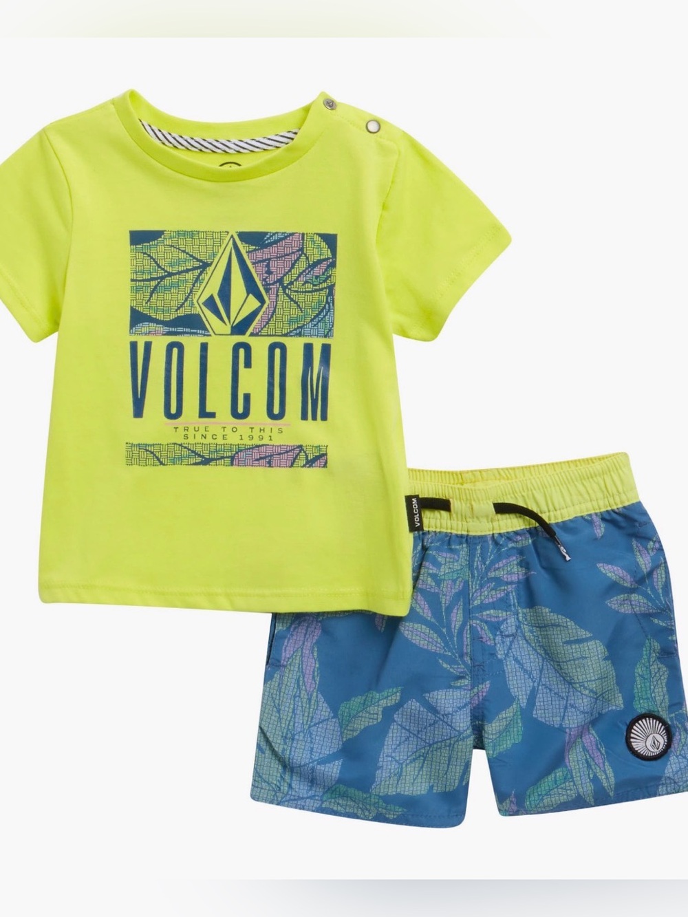 Volcom Boys Neon Lime Tee with Blue Leaf Swim Shorts
